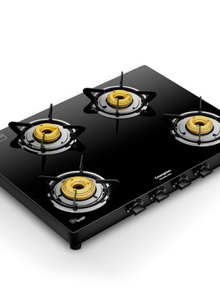 Crompton FlameStar Max 4 Burner Glass Top LPG Gas Stove | 1 Jumbo & 3 Medium Brass Burner | Max Space | Easy Cleaning | Toughened Glass| Tri Pin Brass Burners |2 Year Manufacturer's Warranty 
