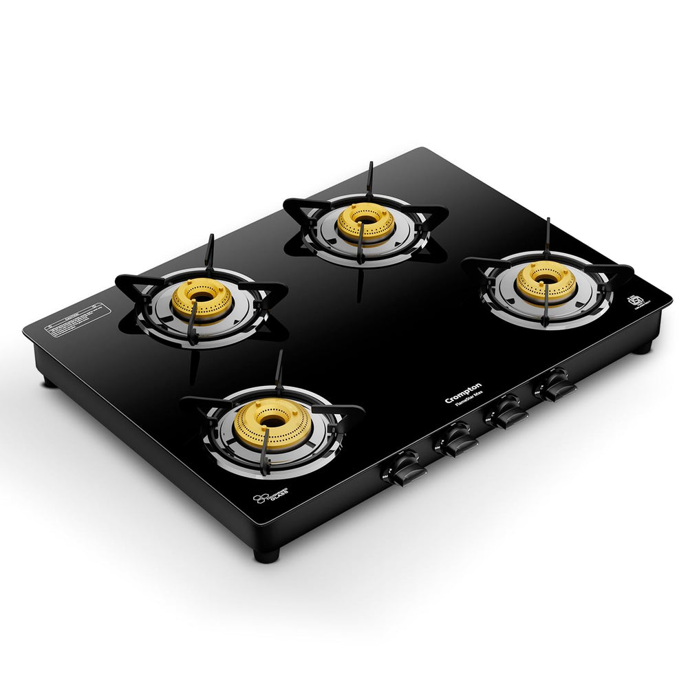 Crompton FlameStar Max 4 Burner Glass Top LPG Gas Stove | 1 Jumbo & 3 Medium Brass Burner | Max Space | Easy Cleaning | Toughened Glass| Tri Pin Brass Burners |2 Year Manufacturer's Warranty