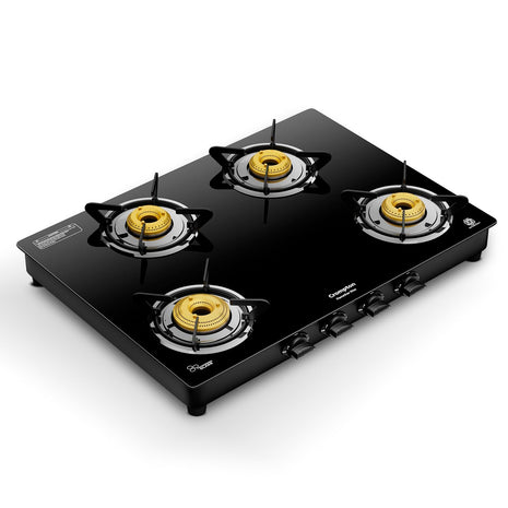 Crompton FlameStar Max 4 Burner Glass Top LPG Gas Stove | 1 Jumbo & 3 Medium Brass Burner | Max Space | Easy Cleaning | Toughened Glass| Tri Pin Brass Burners |2 Year Manufacturer's Warranty 