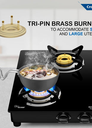 Crompton FlameStar Max 4 Burner Glass Top LPG Gas Stove | 1 Jumbo & 3 Medium Brass Burner | Max Space | Easy Cleaning | Toughened Glass| Tri Pin Brass Burners |2 Year Manufacturer's Warranty 