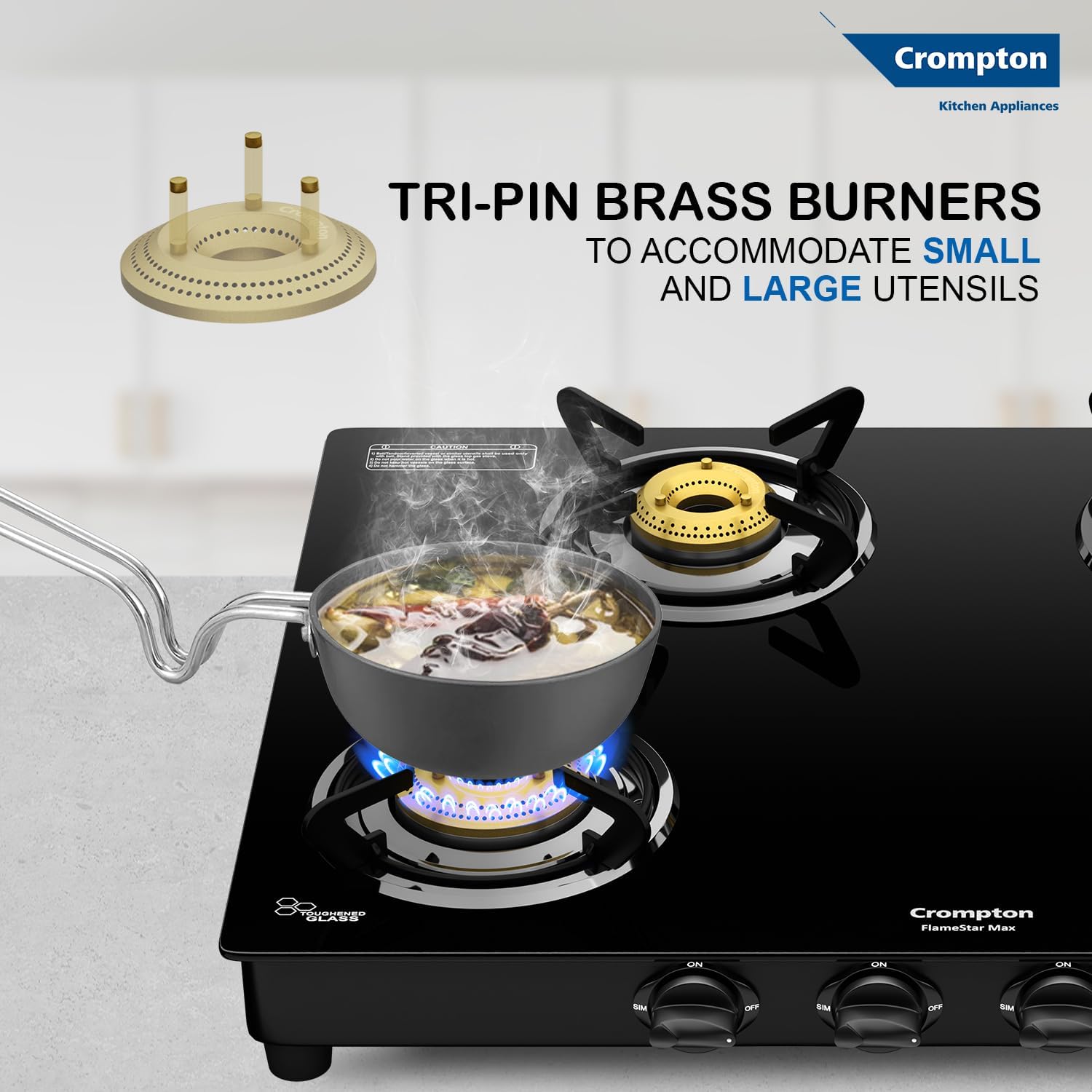 Crompton FlameStar Max 4 Burner Glass Top LPG Gas Stove | 1 Jumbo & 3 Medium Brass Burner | Max Space | Easy Cleaning | Toughened Glass| Tri Pin Brass Burners |2 Year Manufacturer's Warranty 