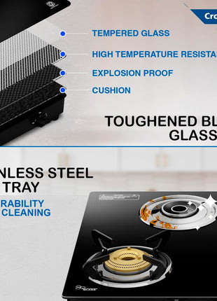 Crompton FlameStar Max 4 Burner Glass Top LPG Gas Stove | 1 Jumbo & 3 Medium Brass Burner | Max Space | Easy Cleaning | Toughened Glass| Tri Pin Brass Burners |2 Year Manufacturer's Warranty 