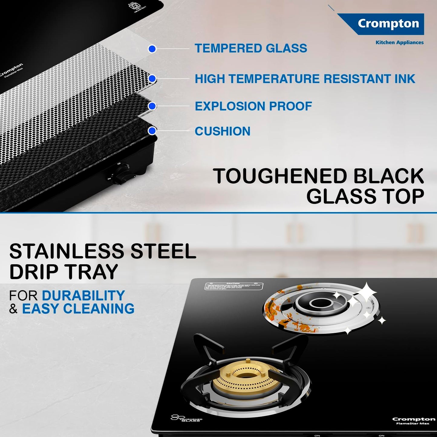 Crompton FlameStar Max 4 Burner Glass Top LPG Gas Stove | 1 Jumbo & 3 Medium Brass Burner | Max Space | Easy Cleaning | Toughened Glass| Tri Pin Brass Burners |2 Year Manufacturer's Warranty 