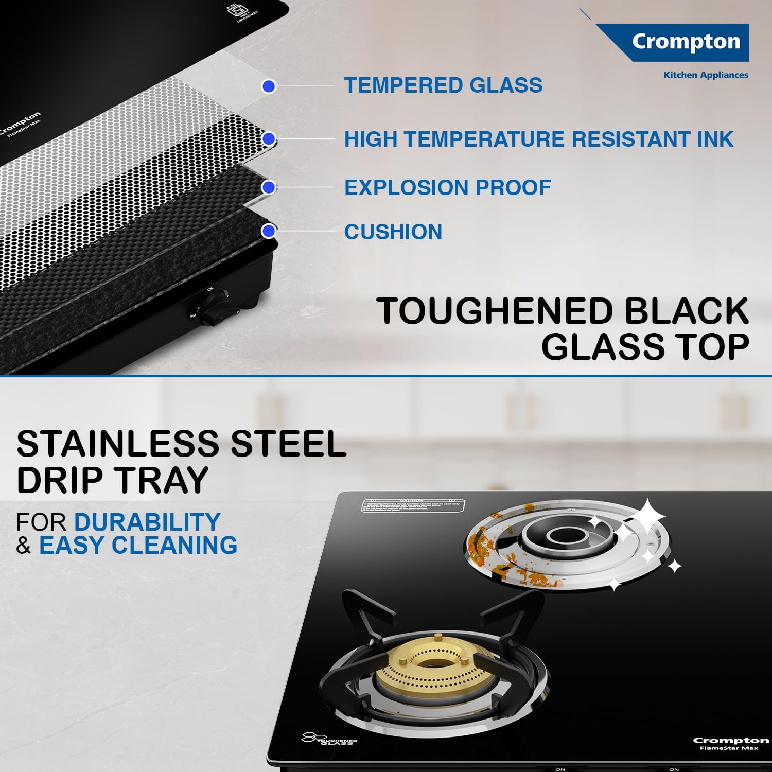 Crompton FlameStar Max 4 Burner Glass Top LPG Gas Stove | 1 Jumbo & 3 Medium Brass Burner | Max Space | Easy Cleaning | Toughened Glass| Tri Pin Brass Burners |2 Year Manufacturer's Warranty 