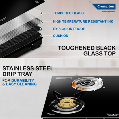 Crompton FlameStar Max 4 Burner Glass Top LPG Gas Stove | 1 Jumbo & 3 Medium Brass Burner | Max Space | Easy Cleaning | Toughened Glass| Tri Pin Brass Burners |2 Year Manufacturer's Warranty 