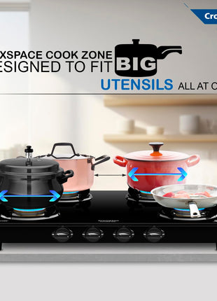 Crompton FlameStar Max 4 Burner Glass Top LPG Gas Stove | 1 Jumbo & 3 Medium Brass Burner | Max Space | Easy Cleaning | Toughened Glass| Tri Pin Brass Burners |2 Year Manufacturer's Warranty 