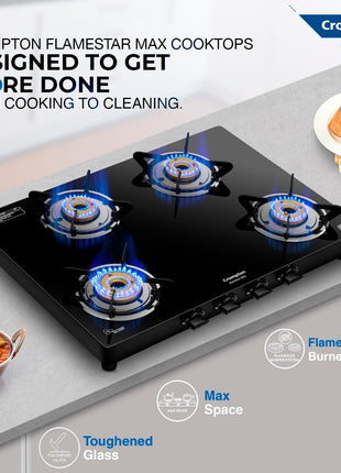 Crompton FlameStar Max 4 Burner Glass Top LPG Gas Stove | 1 Jumbo & 3 Medium Brass Burner | Max Space | Easy Cleaning | Toughened Glass| Tri Pin Brass Burners |2 Year Manufacturer's Warranty 