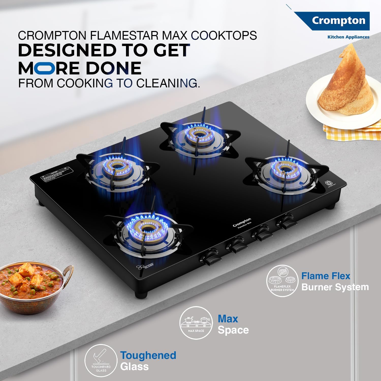 Crompton FlameStar Max 4 Burner Glass Top LPG Gas Stove | 1 Jumbo & 3 Medium Brass Burner | Max Space | Easy Cleaning | Toughened Glass| Tri Pin Brass Burners |2 Year Manufacturer's Warranty 