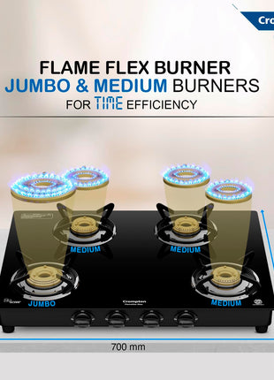 Crompton FlameStar Max 4 Burner Glass Top LPG Gas Stove | 1 Jumbo & 3 Medium Brass Burner | Max Space | Easy Cleaning | Toughened Glass| Tri Pin Brass Burners |2 Year Manufacturer's Warranty 
