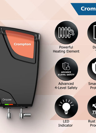 Crompton Gracee 5 Litres instant water heater with 4 Level Advance Safety | 3000W fast heating element | Rust proof Body | 5 years tank warranty | 2 years element warranty, Wall Mounting 
