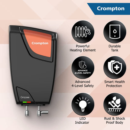 Crompton Gracee 5 Litres instant water heater with 4 Level Advance Safety | 3000W fast heating element | Rust proof Body | 5 years tank warranty | 2 years element warranty, Wall Mounting 