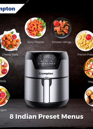 Crompton NourisPro DG 4.5 Ltr Digital Air Fryer with Quick Fry Technology | 1500 Watts | Double Inner Bowl for Easy Cleaning | 8 Indian Preset Menus | Free Accessories 