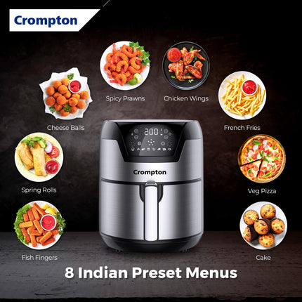 Crompton NourisPro DG 4.5 Ltr Digital Air Fryer with Quick Fry Technology | 1500 Watts | Double Inner Bowl for Easy Cleaning | 8 Indian Preset Menus | Free Accessories 
