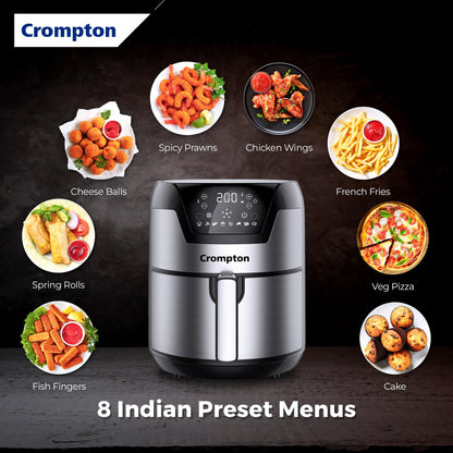 Crompton NourisPro DG 4.5 Ltr Digital Air Fryer with Quick Fry Technology | 1500 Watts | Double Inner Bowl for Easy Cleaning | 8 Indian Preset Menus | Free Accessories 