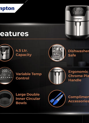 Crompton NourisPro DG 4.5 Ltr Digital Air Fryer with Quick Fry Technology | 1500 Watts | Double Inner Bowl for Easy Cleaning | 8 Indian Preset Menus | Free Accessories 