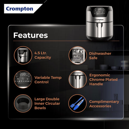 Crompton NourisPro DG 4.5 Ltr Digital Air Fryer with Quick Fry Technology | 1500 Watts | Double Inner Bowl for Easy Cleaning | 8 Indian Preset Menus | Free Accessories 