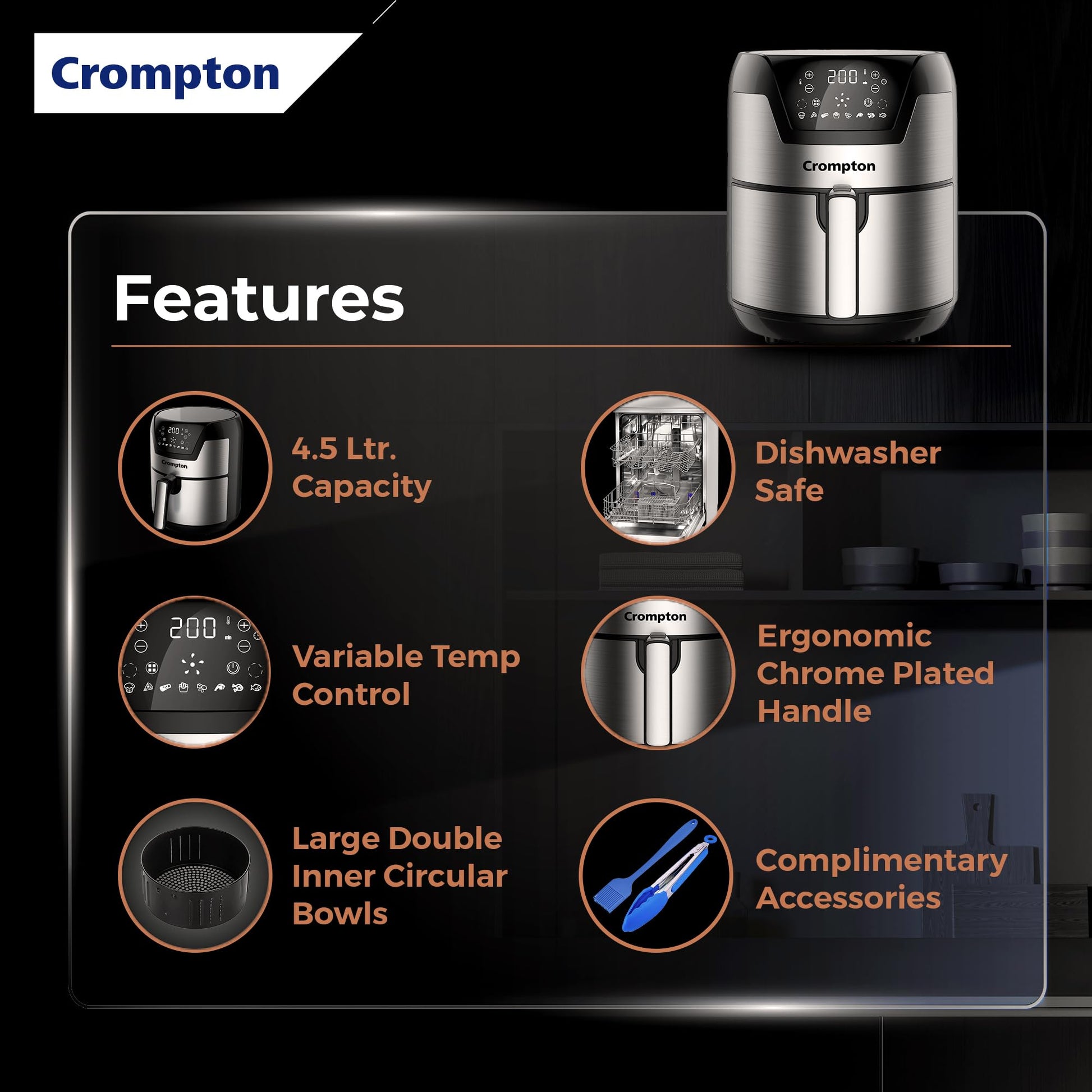 Crompton NourisPro DG 4.5 Ltr Digital Air Fryer with Quick Fry Technology | 1500 Watts | Double Inner Bowl for Easy Cleaning | 8 Indian Preset Menus | Free Accessories 
