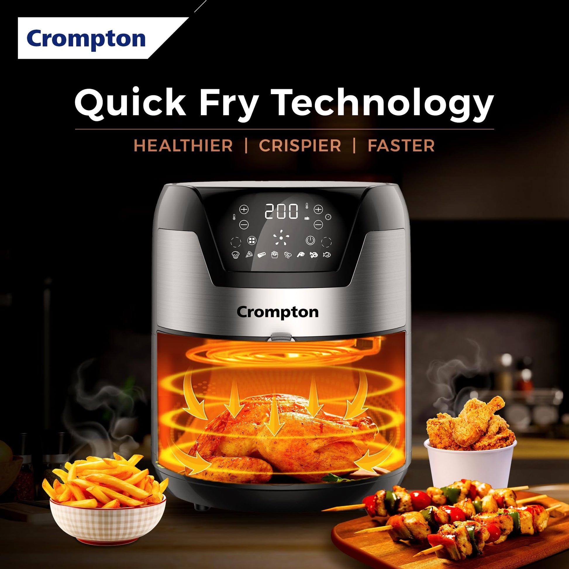 Crompton NourisPro DG 4.5 Ltr Digital Air Fryer with Quick Fry Technology | 1500 Watts | Double Inner Bowl for Easy Cleaning | 8 Indian Preset Menus | Free Accessories 
