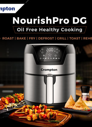 Crompton NourisPro DG 4.5 Ltr Digital Air Fryer with Quick Fry Technology | 1500 Watts | Double Inner Bowl for Easy Cleaning | 8 Indian Preset Menus | Free Accessories 