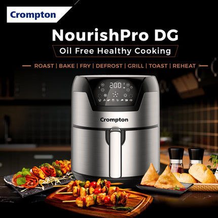 Crompton NourisPro DG 4.5 Ltr Digital Air Fryer with Quick Fry Technology | 1500 Watts | Double Inner Bowl for Easy Cleaning | 8 Indian Preset Menus | Free Accessories 