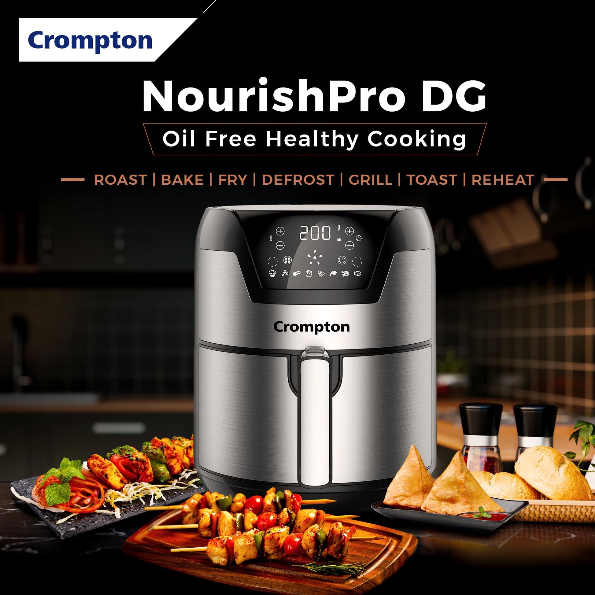 Crompton NourisPro DG 4.5 Ltr Digital Air Fryer with Quick Fry Technology | 1500 Watts | Double Inner Bowl for Easy Cleaning | 8 Indian Preset Menus | Free Accessories 