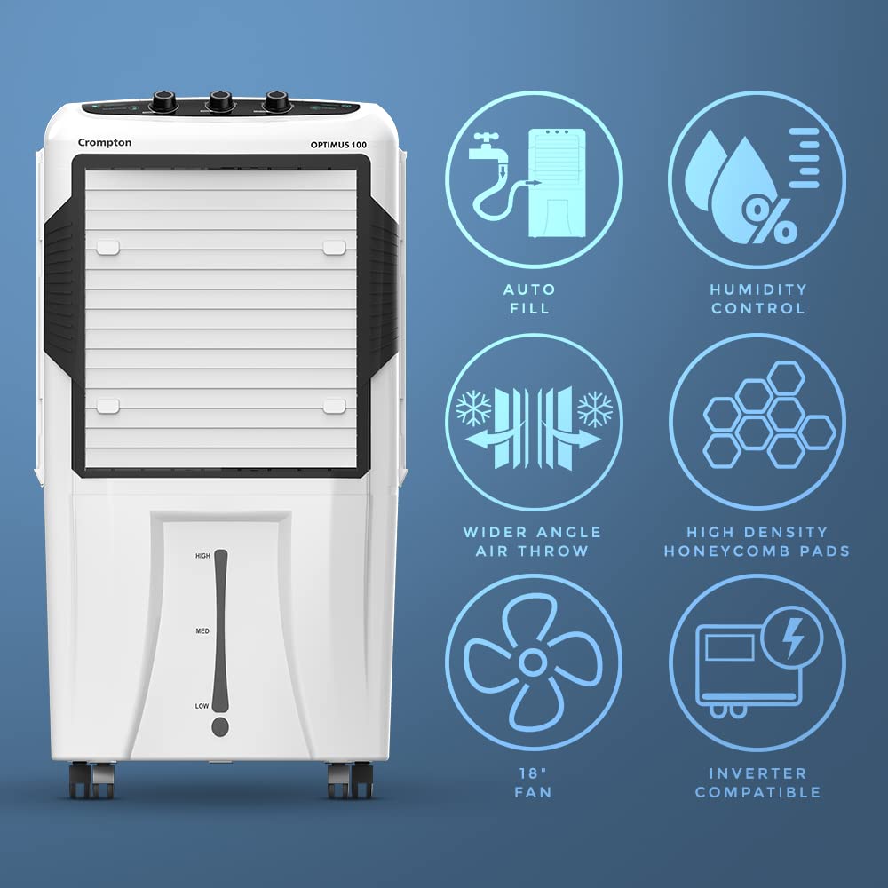 Crompton Optimus 100 Litres Desert Air Cooler for home | Large & Easy Clean Ice Chamber | High Density Honeycomb Pads | Auto-Fill & Drain | Everlast Pump | Humidity Control 