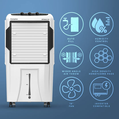 Crompton Optimus 100 Litres Desert Air Cooler for home | Large & Easy Clean Ice Chamber | High Density Honeycomb Pads | Auto-Fill & Drain | Everlast Pump | Humidity Control 
