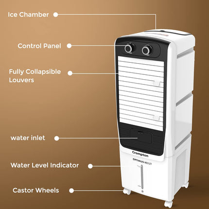Crompton Optimus Neo 27 Litres Tower Air Cooler for home | Easy Clean Ice Chamber | 4-Way Air Deflection | High Density Honeycomb Pads | Everlast Pump | Inverter Compatible 