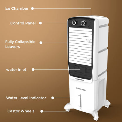 Crompton Optimus Neo 35 Litres Tower Air Cooler for home | Easy Clean Ice Chamber | 4-Way Air Deflection | High Density Honeycomb Pads | Everlast Pump 