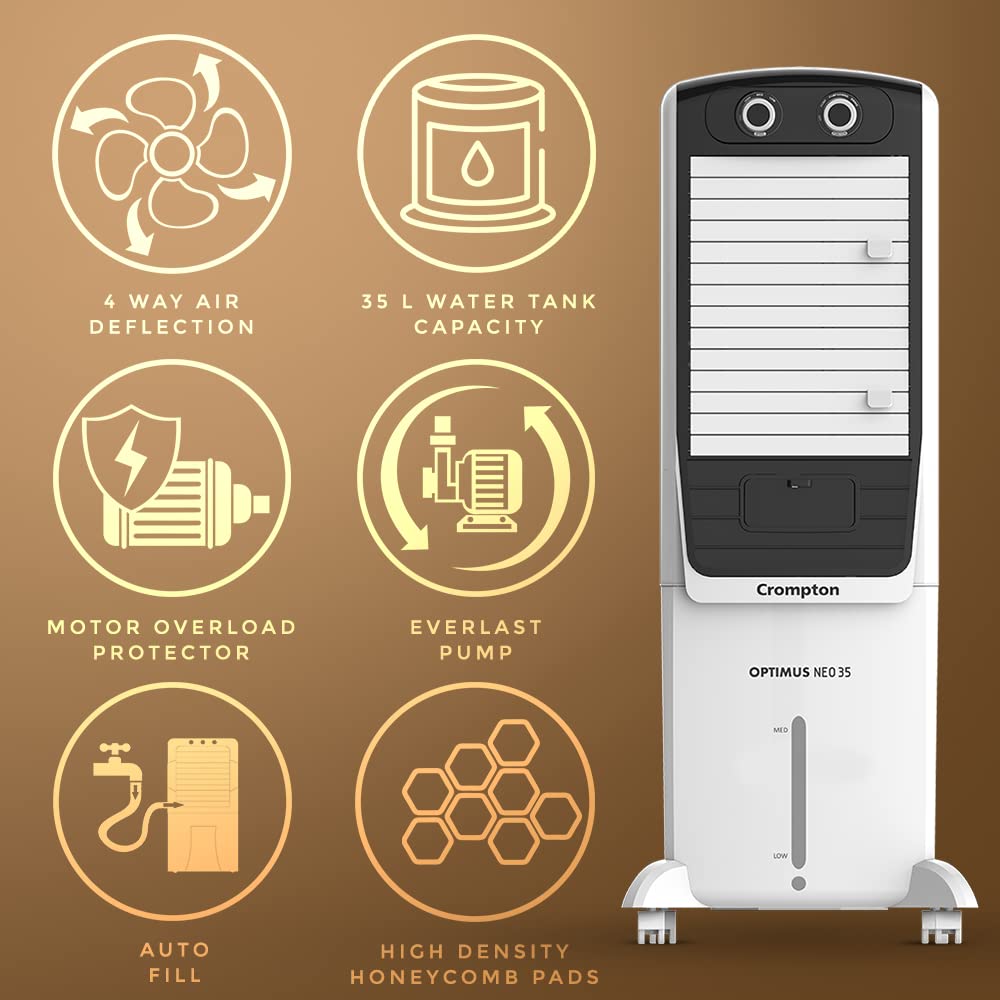Crompton Optimus Neo 35 Litres Tower Air Cooler for home | Easy Clean Ice Chamber | 4-Way Air Deflection | High Density Honeycomb Pads | Everlast Pump 