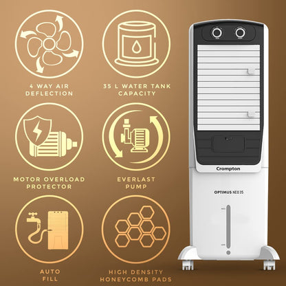 Crompton Optimus Neo 35 Litres Tower Air Cooler for home | Easy Clean Ice Chamber | 4-Way Air Deflection | High Density Honeycomb Pads | Everlast Pump 