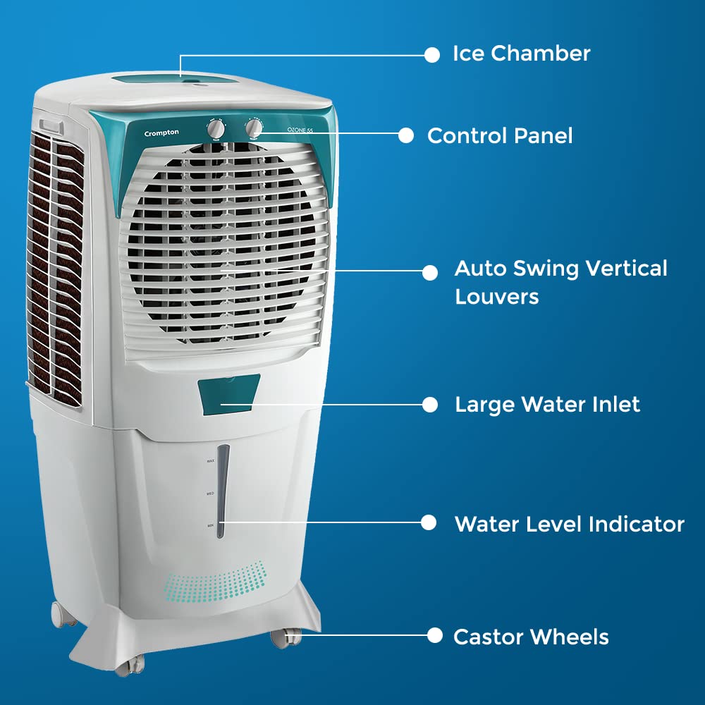 Crompton Ozone 55 Litres Desert Air Cooler for home | Large & Easy Clean Ice Chamber | 4-Way Air Deflection | High Density Honeycomb Pads | Everlast Pump | Auto Fill 