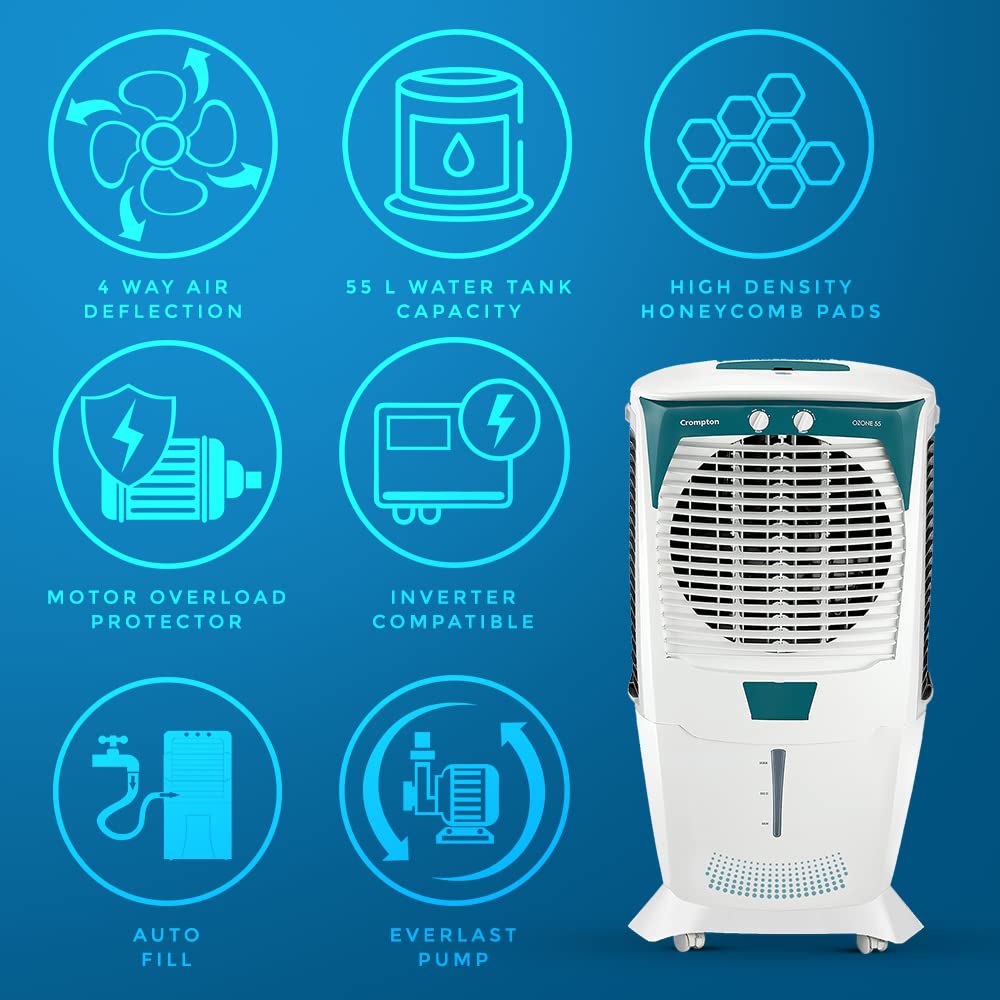 Crompton Ozone 55 Litres Desert Air Cooler for home | Large & Easy Clean Ice Chamber | 4-Way Air Deflection | High Density Honeycomb Pads | Everlast Pump | Auto Fill 