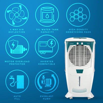 Crompton Ozone 75 Litres Desert Air Cooler for home | Large & Easy Clean Ice Chamber | 4-Way Air Deflection | High Density Honeycomb Pads | Everlast Pump | Auto Fill 