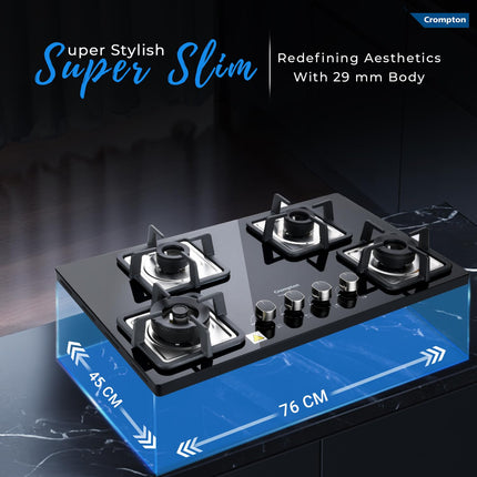 Crompton Superslim Hb TAB Super Slim 78 cm 4Br MBLK Tablet Hob With Toughened Glass (Tempered Glass, 4 Burner, Midnight Black) 