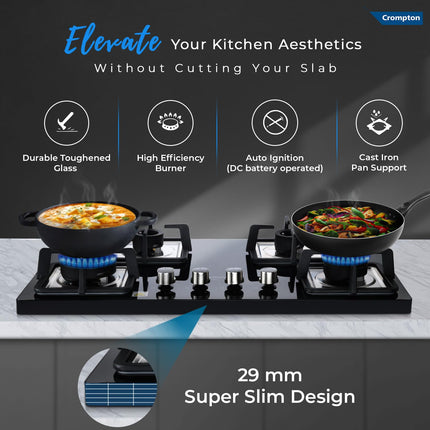 Crompton Superslim Hb TAB Super Slim 78 cm 4Br MBLK Tablet Hob With Toughened Glass (Tempered Glass, 4 Burner, Midnight Black) 