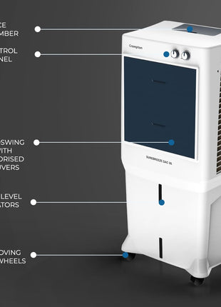 Crompton Surebreeze Desert Air Cooler-95L; Auto Fill, 4-Way Air Deflection and High Density Honeycomb pads. 