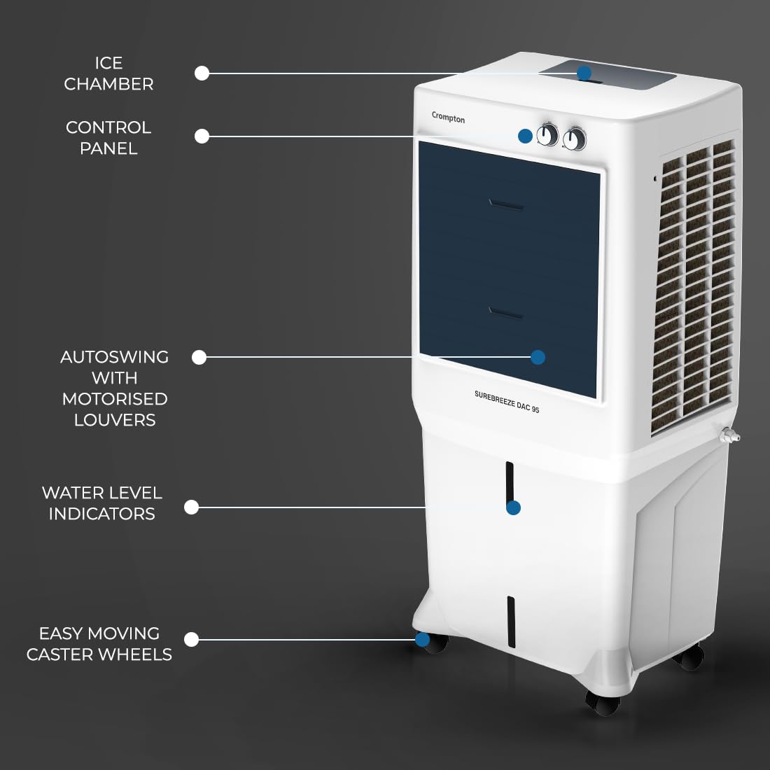 Crompton Surebreeze Desert Air Cooler-95L; Auto Fill, 4-Way Air Deflection and High Density Honeycomb pads. 