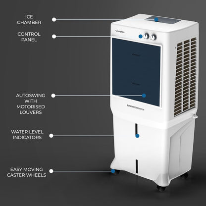 Crompton Surebreeze Desert Air Cooler-95L; Auto Fill, 4-Way Air Deflection and High Density Honeycomb pads. 
