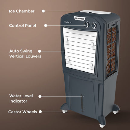 Crompton Zelus DAC Desert Air Cooler- 43L, with Everlast Pump, 4-Way Air Deflection and Honeycomb Pads, Grey, (ACGC-ZELUSDAC43) 
