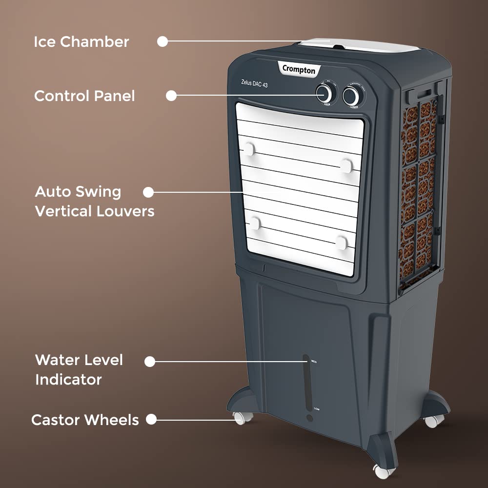 Crompton Zelus DAC Desert Air Cooler- 43L, with Everlast Pump, 4-Way Air Deflection and Honeycomb Pads, Grey, (ACGC-ZELUSDAC43) 