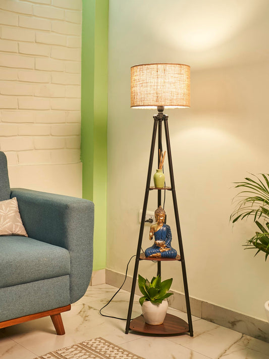 Crosscut Furniture Metal Floor Lamp with 3 Shelves (Brown Jute). LED Bulb Included. 