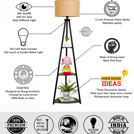 Crosscut Furniture Metal Floor Lamp with 3 Shelves (Brown Jute). LED Bulb Included. 