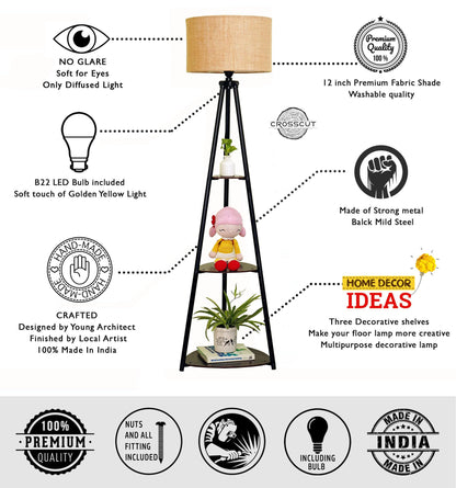Crosscut Furniture Metal Floor Lamp with 3 Shelves (Brown Jute). LED Bulb Included. 