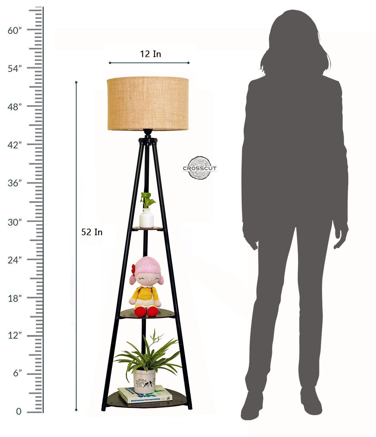 Crosscut Furniture Metal Floor Lamp with 3 Shelves (Brown Jute). LED Bulb Included. 