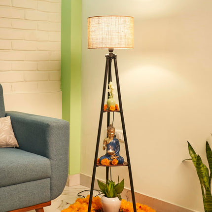 Crosscut Furniture Metal Floor Lamp with 3 Shelves (Brown Jute). LED Bulb Included. 