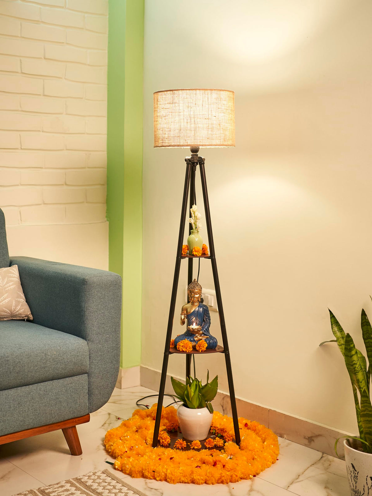 Crosscut Furniture Metal Floor Lamp with 3 Shelves (Brown Jute). LED Bulb Included. 
