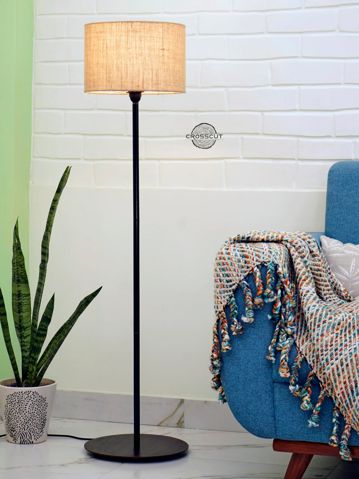Crosscut Furniture Minimalist Design Floor Lamp (Jute Shade) LED Bulb Included, Beige 