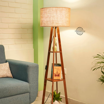 Crosscut Furniture Wooden Floor Lamp with Shelf (Natural Jute). LED Bulb Included 