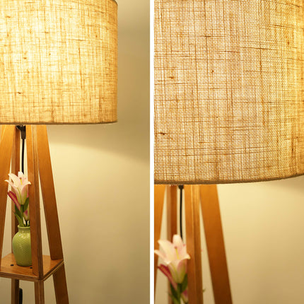 Crosscut Furniture Wooden Floor Lamp with Shelf (Natural Jute). LED Bulb Included 